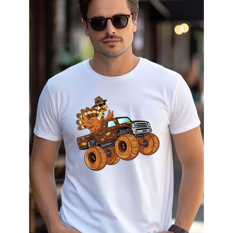 Thanksgiving Turkey Riding Monster Truck Men's Cotton Printed T-shirt made in usastyle{n002}3 Hoodie Sweatshirt