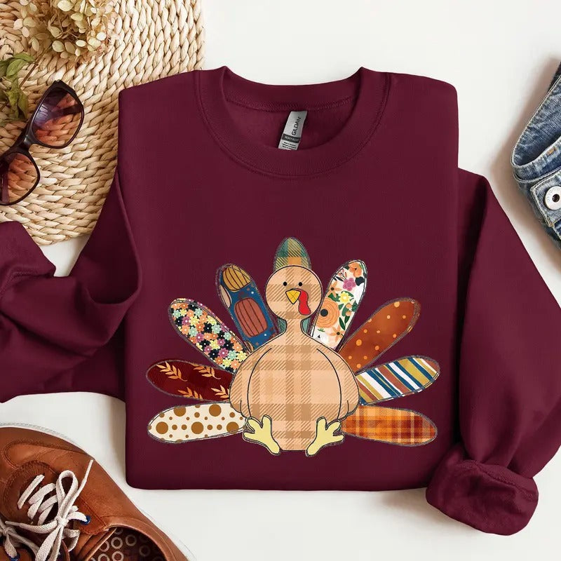 Thanksgiving Turkey, Plaid, Cute, Autumn, Patterns Sweatshirt, Crew Neck, Women's, Crewneck Shirt Hoodie | PrintMintTees.com