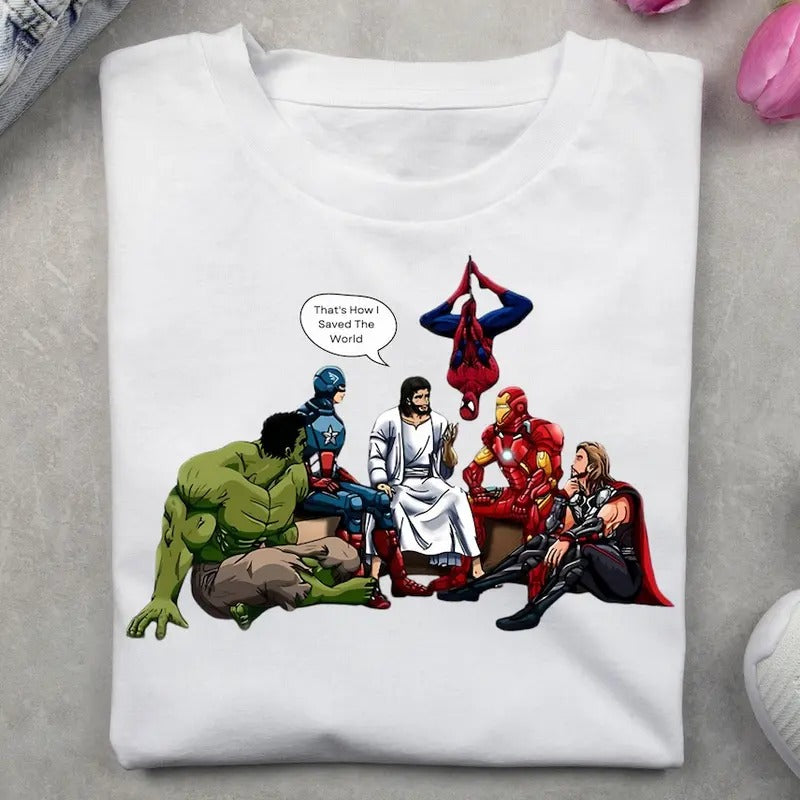That's How I Saved The World Jesus Superheroes  shirt, Funny Christian Shirt Cotton Menswear Hoodie Sweatshirt