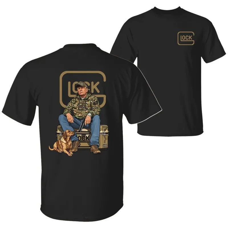 The 47th President Trump Holding a Glock Sitting Next to a Hunting Dog T-shirt, Camo Hunting Season Unisex Cotton Hoodie...