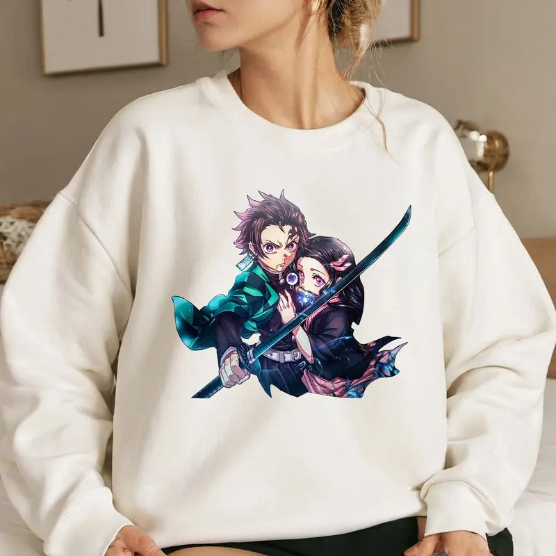 The DM Characters Tanjiro and Nezuko Shirt Crewneck Hoodie, Anime Shirt, Anime Otaku Shirt Comfort Cotton Sweatshirt