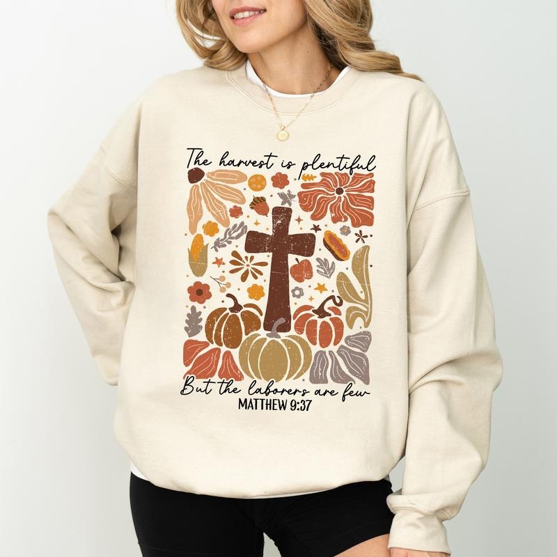 The Harvest Is Plenty Christian Sweatshirt, Vintage Pumpkins Thanksgiving Crewneck, Bible Verse Sweaters, Fall Jesus...