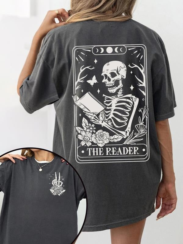 "The Reader" Tarot Skeleton Nerd Style T-shirt, a washed black vintage T-shirt with occult art, essential for dark...
