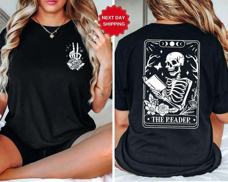 The Reader Tarot Card Front And Back Printing Shirt, Skeleton Reading T-shirt Hoodie Sweatshirt | PrintMintTees.com