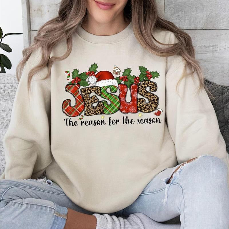 The Season For The Season, Religious Christmas Graphic Sweater Fleece Fabric Casual Sweatshirt Trendy Tops Cute Jesus...