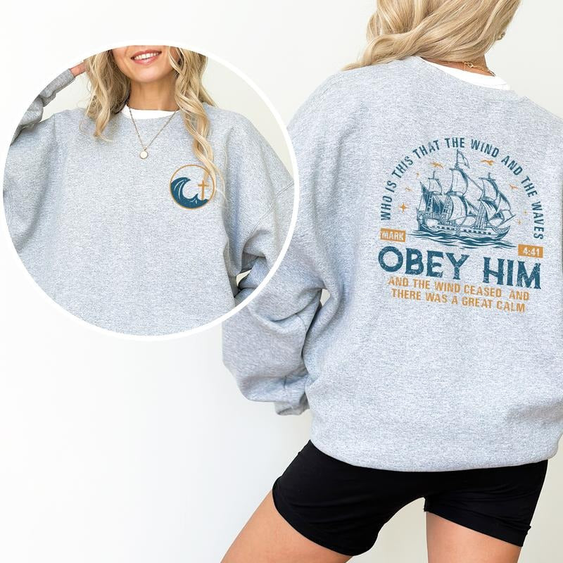 Wind Waves Obey Him Positive Christian Long Sleeves Retro Christian Scripture Quote T-Shirts, Hoodie, Sweatshirt