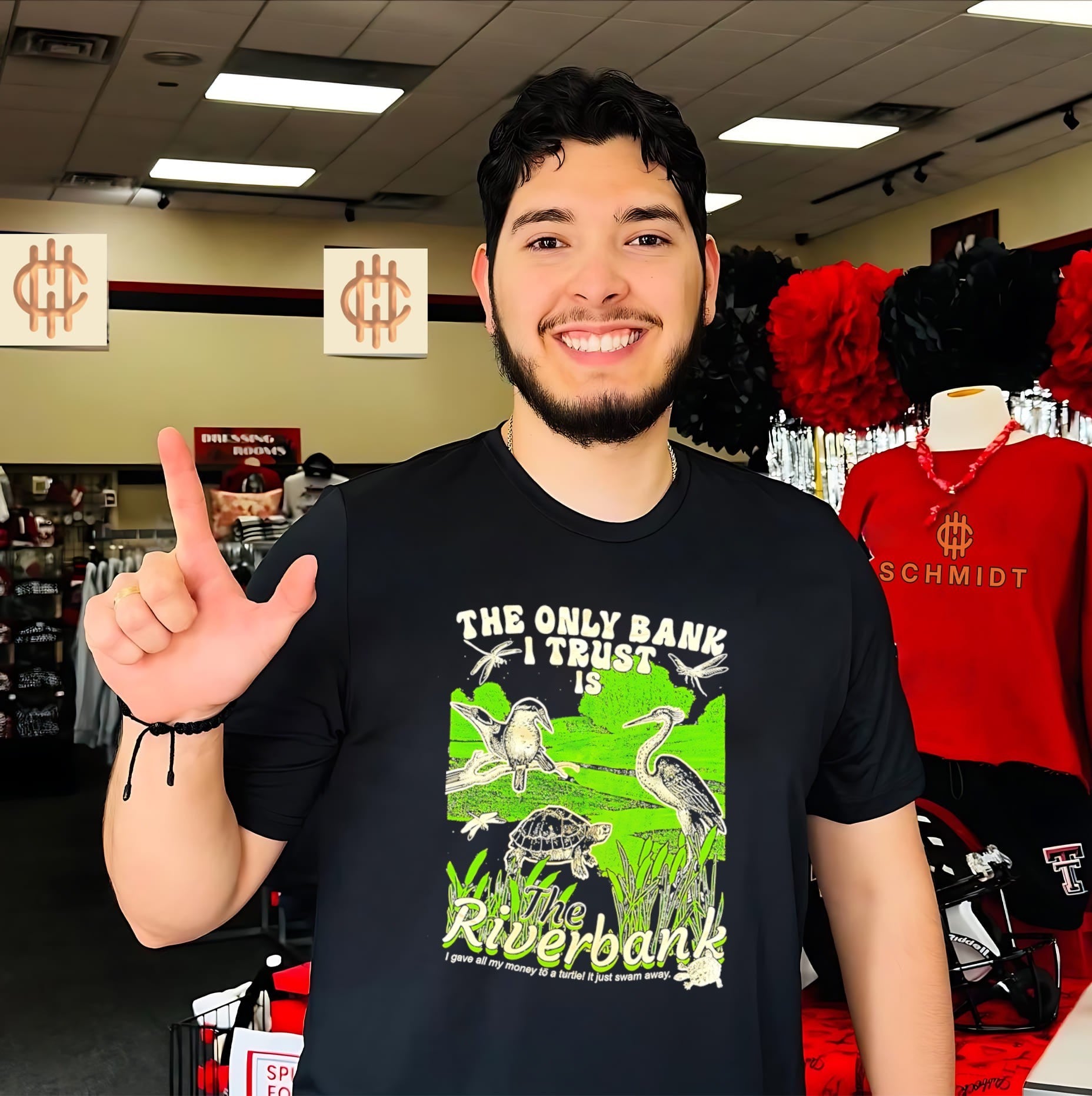 The only bank I trust is the Riverbank I gave all my money to a turtle shirt