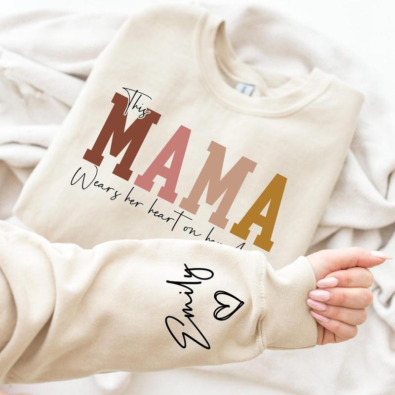 This Mama Wears Her Heart on Her Sleeve Sweatshirt, Custom Mama Shirt, Personalized Kids Name on Sleeve, Mothers Day...