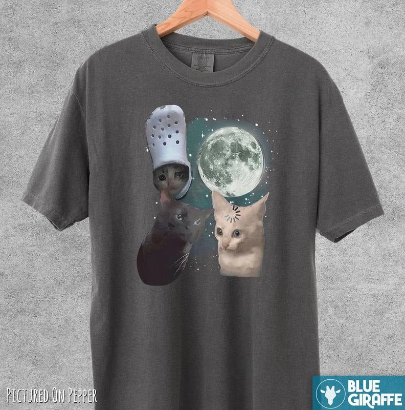 Three Cats Moon Retro T-Shirt, Meme Comfort Colors Graphic Tee Hoodie Sweatshirt | PrintMintTees.com
