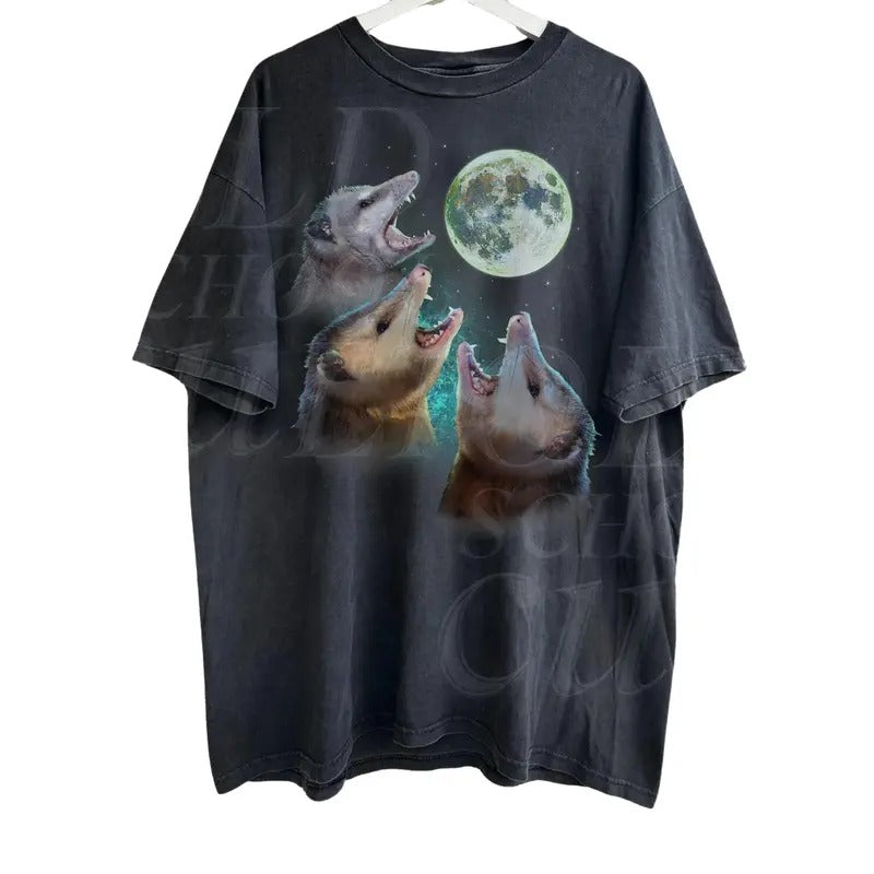 Three Possums Howling at Moon Vinatge Shirt, Retro Opossum Lover Tshirt, Funny Possum Tee, Distressed Cotton Unisex Tee...