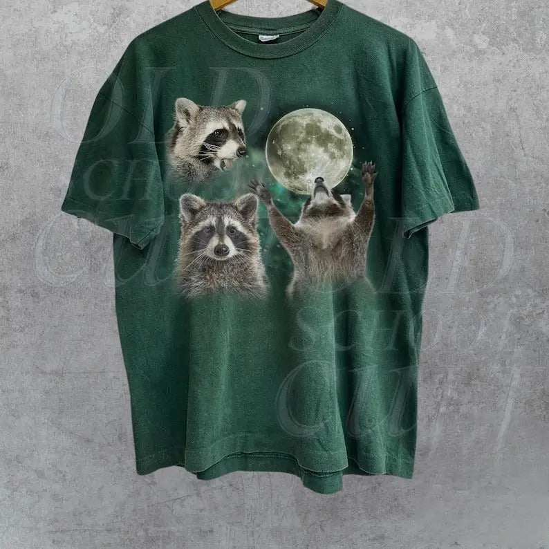 Three Raccoons Retro Graphic Tshirts, Vintage Raccoon Moon Tshirt, Funny Raccon Tee Cotton Top Streetwear Hoodie Sweatshirt