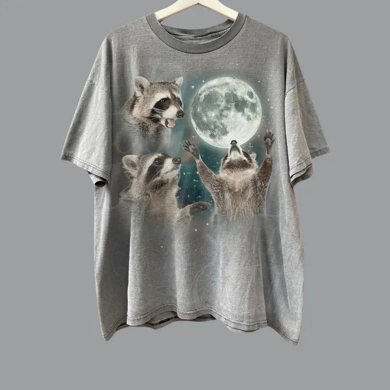 Three Raccoons Vintage Graphic T-shirts, Retro Raccoon Moon Tshirt, Raccoon Lovers, Funny Raccon Tee, Oversized Washed...