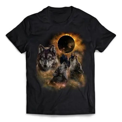 Three Wolf Solar Eclipse Moon - Short Sleeve Unisex, Men, Women, Youth T-Shirt Made in USA Hoodie Sweatshirt