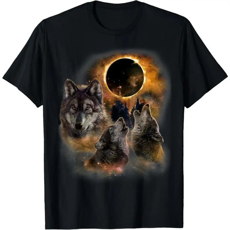 Three Wolves and Solar Eclipse, Forest Wolf Animals Wild T-Shirt Hoodie Sweatshirt | PrintMintTees.com