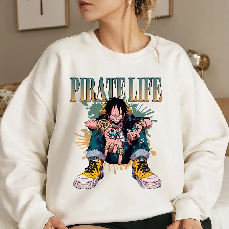 Thug Life Captain Strawhat OP Shirt Crewneck Hoodie, Anime Shirt Comfort Cotton Sweatshirt | PrintMintTees.com