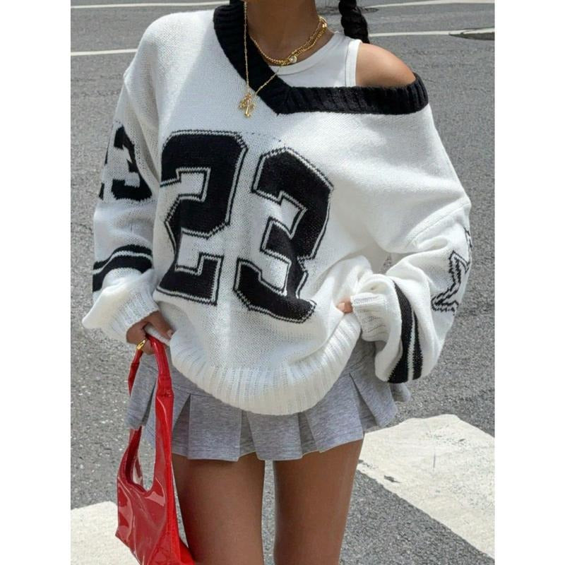TikTokShopBacktoSchool Y2K Sweaters Letter Print Oversized Sweaters Long Sleeve V Neck Pullover Sweater Jumper Top Knit...