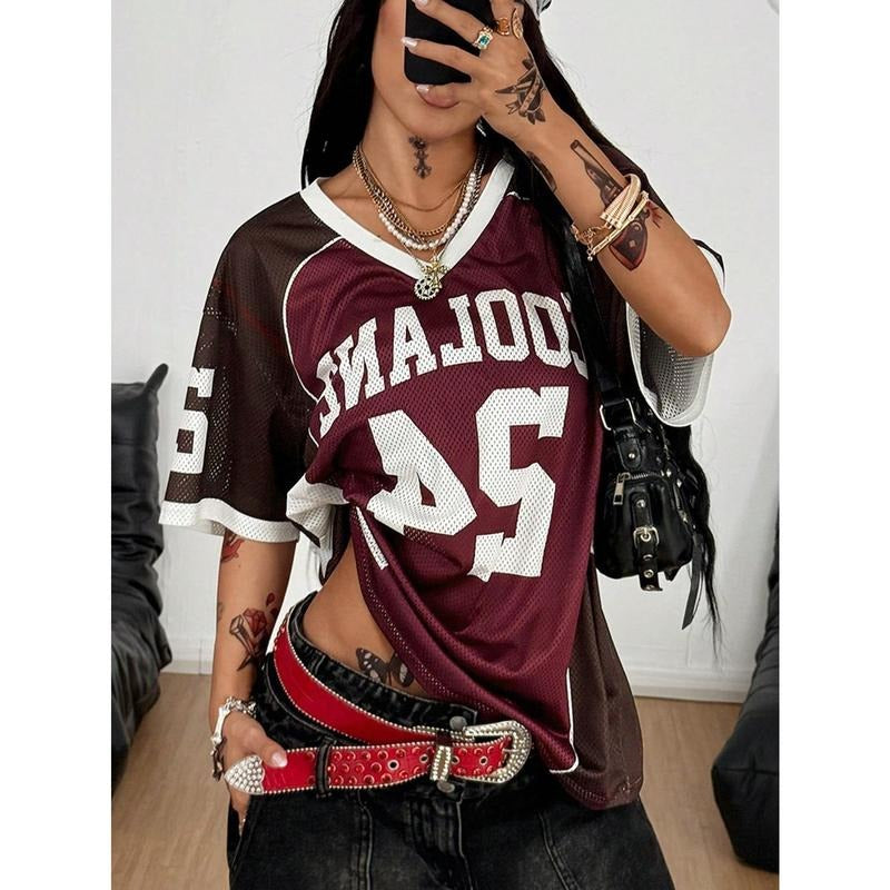 TikTokShopBlackFriday Y2k Mesh Jersey Oversized Shirt Graphic Tee Half Sleeve V Neck Streetwear Summer Tops Hoodie Sweatshirt