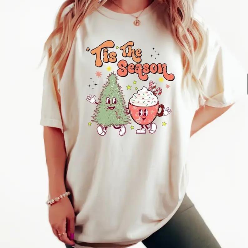 Tis The Season Christmas T-shirt, Cute Chritmas Tree & Coffee Tee, Christmas Tree T-shirt Cotton Comfort Hoodie Sweatshirt