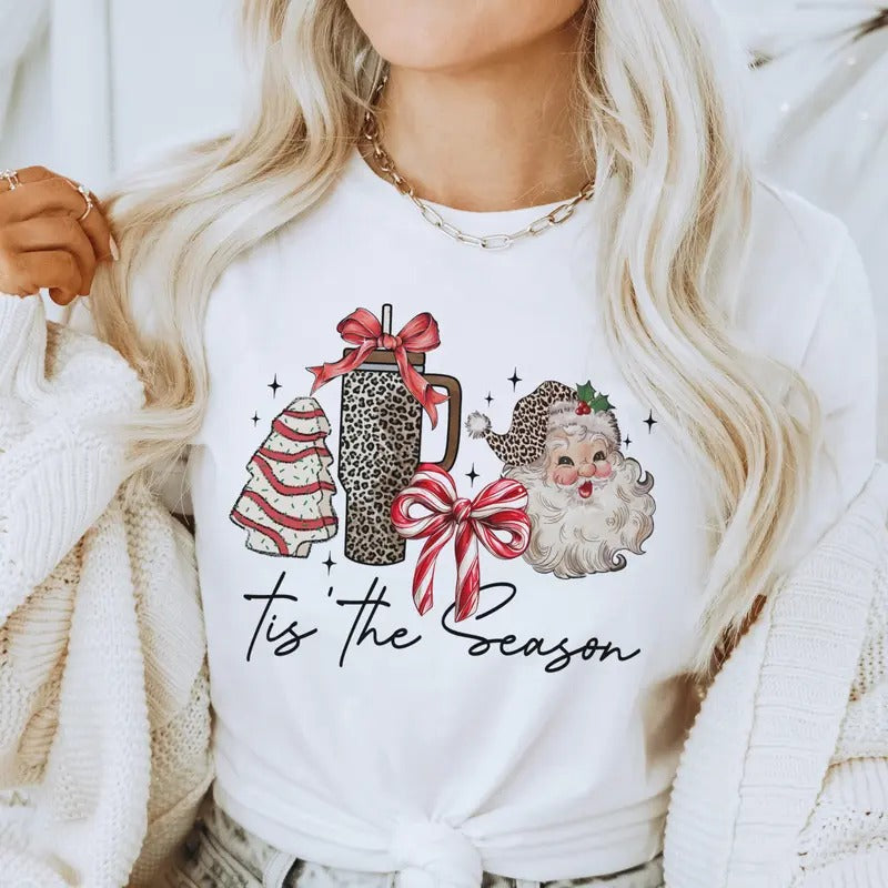 Tis The Season Leopard Santa Tee Christmas Coquette Bow Sweatshirt Santa Holiday Tshirt Xmas Coquette Bow Snack Cake...