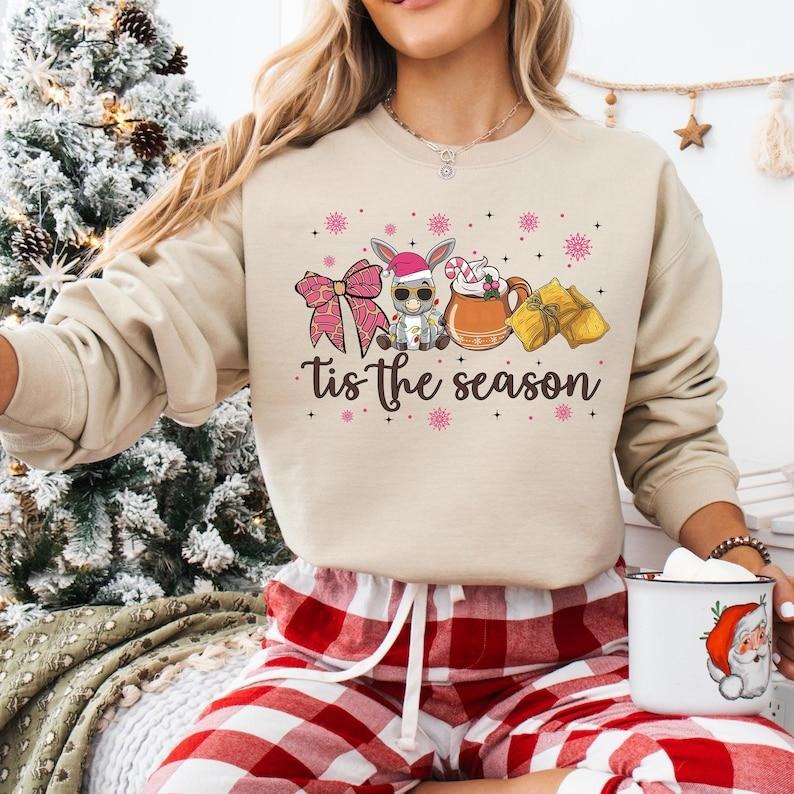 Tis The Season Mexican Christmas Sweatshirt, Coquette Bow Tuki Donkey T-shirt, Pan Dulce Xmas Tee, Feliz Navidad Shirt,...