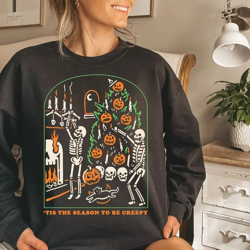 Tis The Season To Be Creepy Sweatshirt, Funny Skeleton Halloween Sweatshirt, Dead Inside Halloween Shirt, Black Cat...