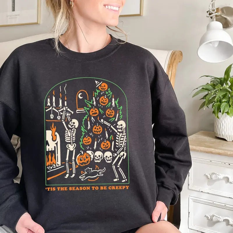 Tis The Season To Be Creepy Sweatshirt, Skeleton Pumpkin Tee Shirt, Skeleton Halloween Sweater, Halloween Dancing...