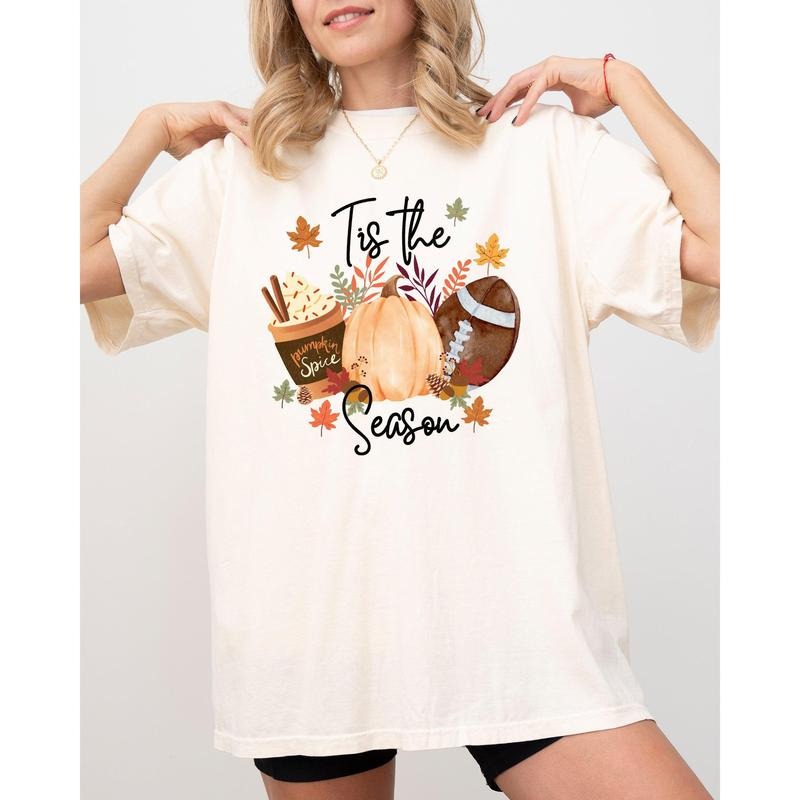 Tis The Season, Football, Pumpkin, Pumpkin Spice Coffee Latte, Leaves, Autumn, Fall, Halloween Shirt, Women's Comfort...