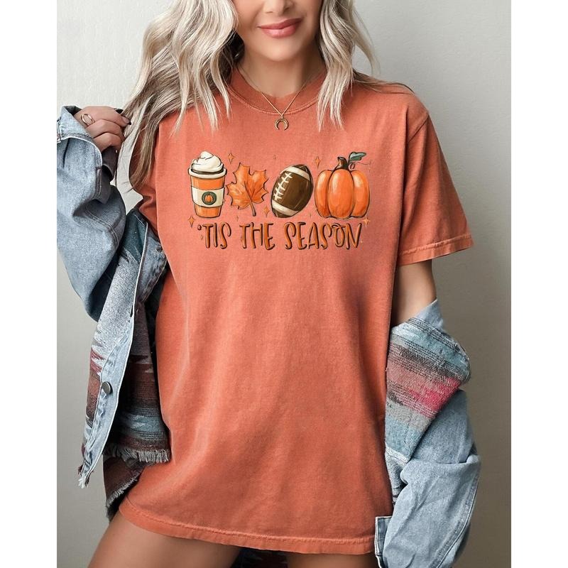 Tis Season Pumpkin Spice Latte Football Leaves Coffee Autumn Fall Shirt Comfort Color Shirt Hoodie Sweatshirt