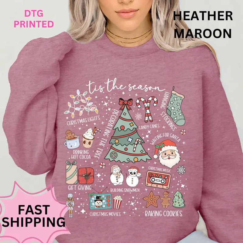 Tis the Season Christmas Sweatshirt Winter Graphic Long Sleeve Casual Cotton Polyester Oversized sweatshirt