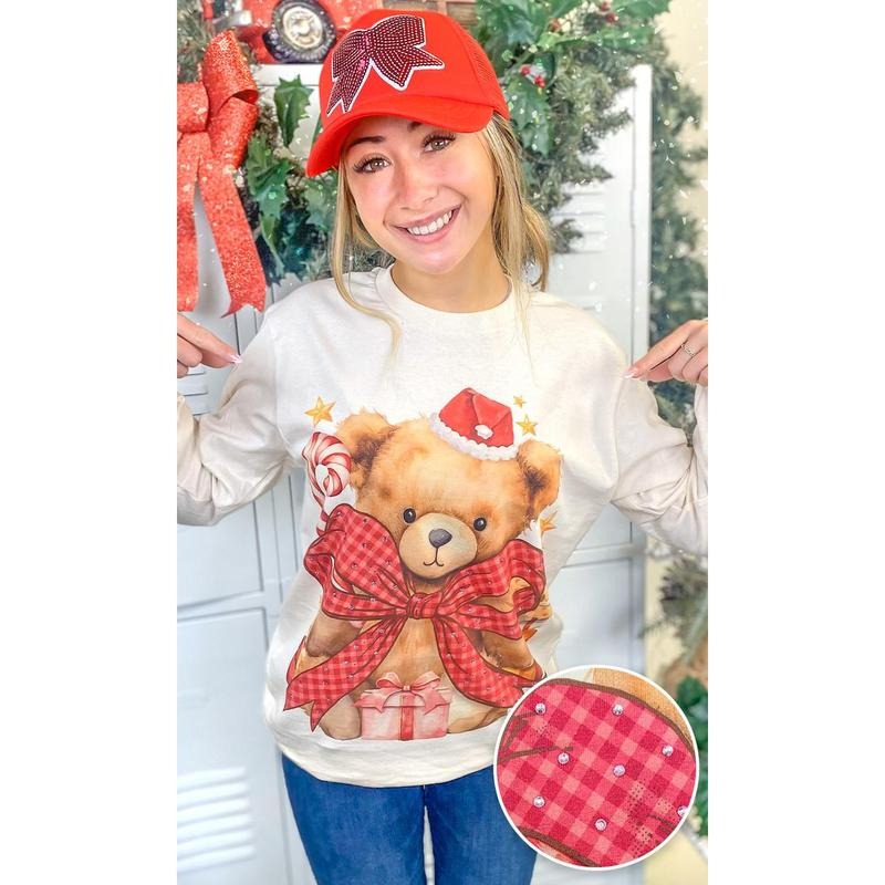Toby Teddy Bear Christmas Rhinestone Graphic Long Sleeve T-Shirt Hoodie Sweatshirt | PrintMintTees.com