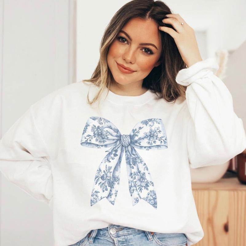 Toile De Jouy Coquette Bow Sweatshirt, Blue Ribbon Sweater Girly Aesthetic, Unisex Shirt, Full Size, Full Color,...