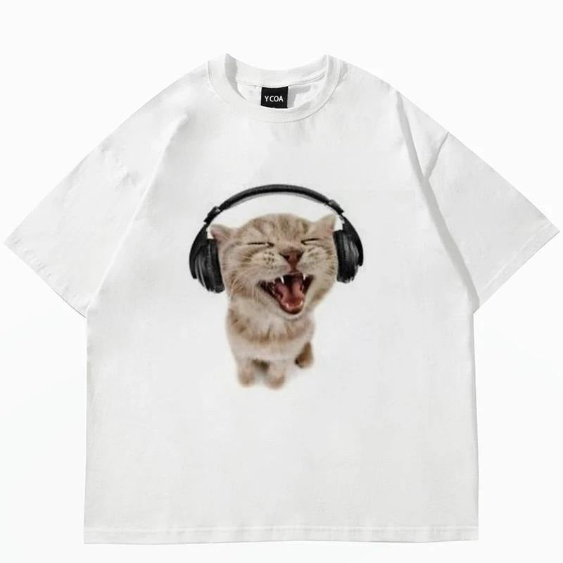 Top Women's Cute Cat Printed Short Sleeve T-shirt Women's Harajuku Fashion Couple Loose Street Style Y2K Clothing style...