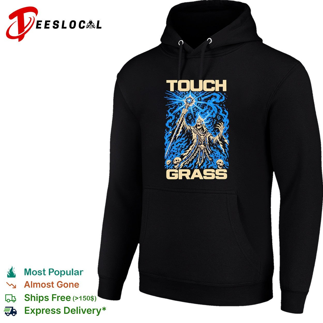 Touch grass necromancer skull sorcerer fantasy skeleton magic blue fire shirt