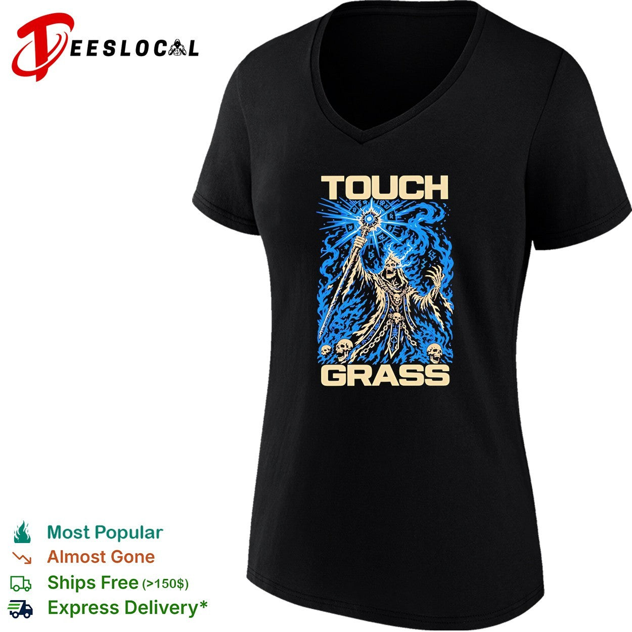 Touch grass necromancer skull sorcerer fantasy skeleton magic blue fire shirt