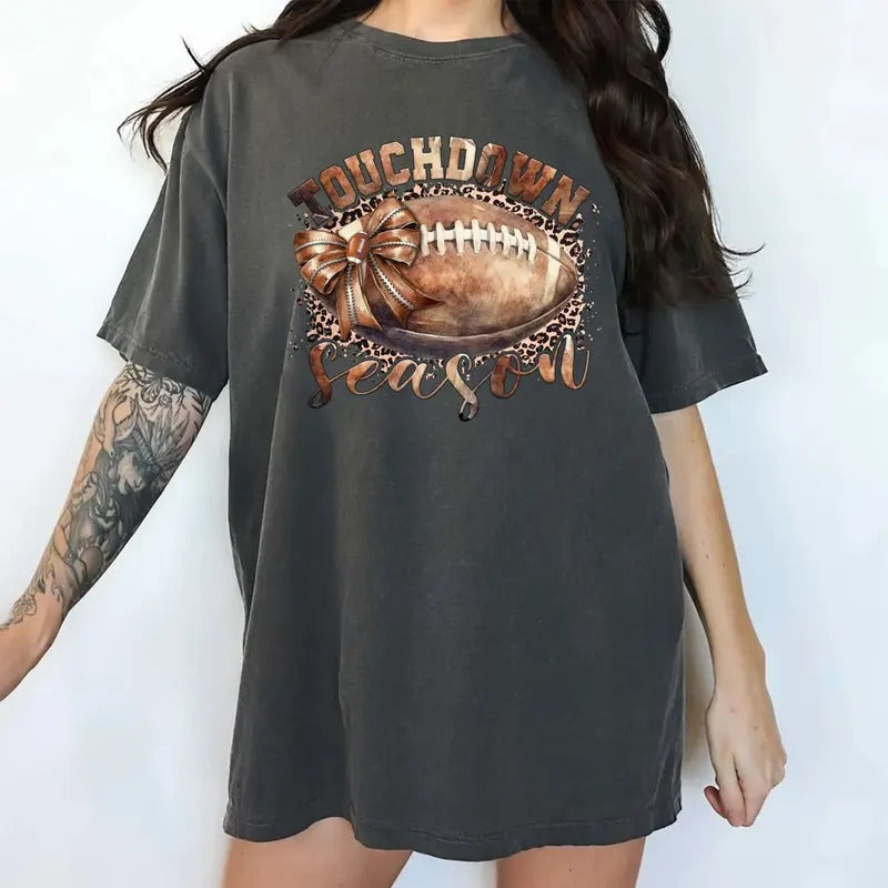 Touchdown Season Leopard Football Shirt Comfort Colors Vintage Coquette Bow Football Shirt Girly Football Fall Sports Cute Game Day Shirt Tops Casual Womenswear Comfy Cotton Fabric Fit Chic T-Shirts, Hoodie, Sweatshirt