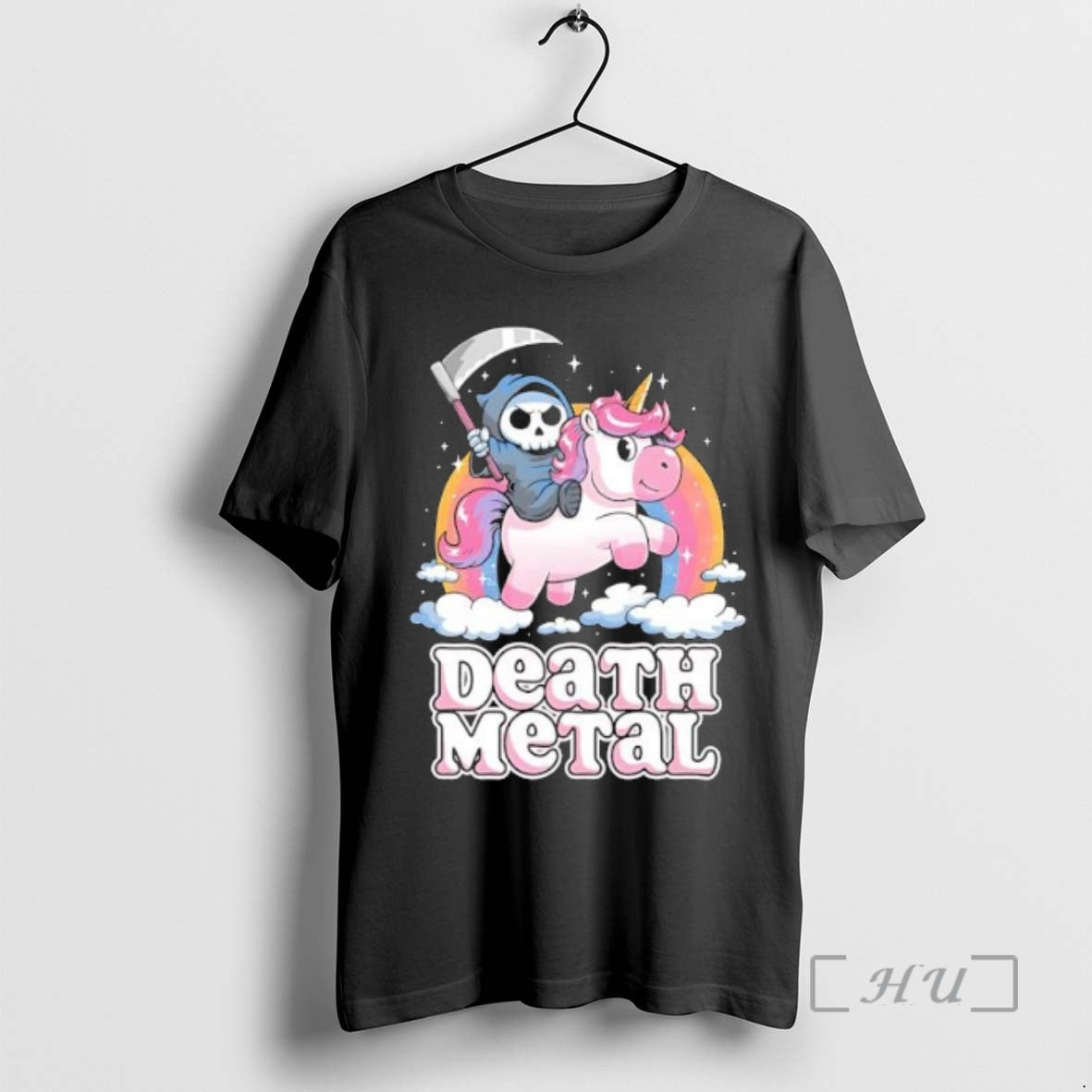 Trending Death Metal Grim Reaper Riding Unicorn Cartoon T-Shirts, Hoodie, Sweatshirt | PrintMintTees.com