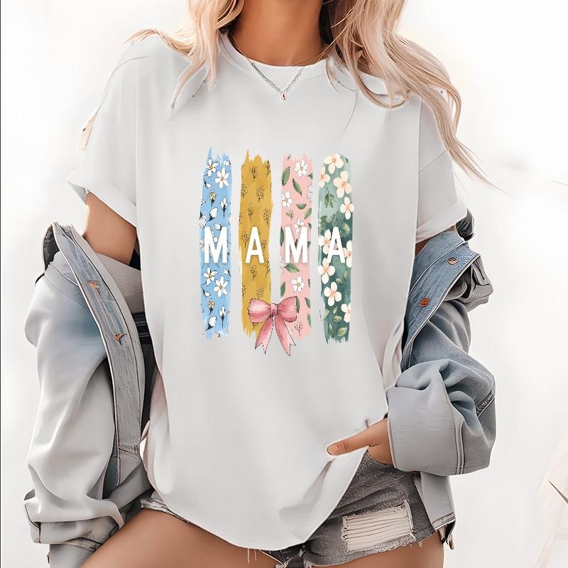 Trending Tee: Stylish "MAMA" Graphic Shirt with Colorful Floral Stripes and Bow Accent style 02 Hoodie Sweatshirt