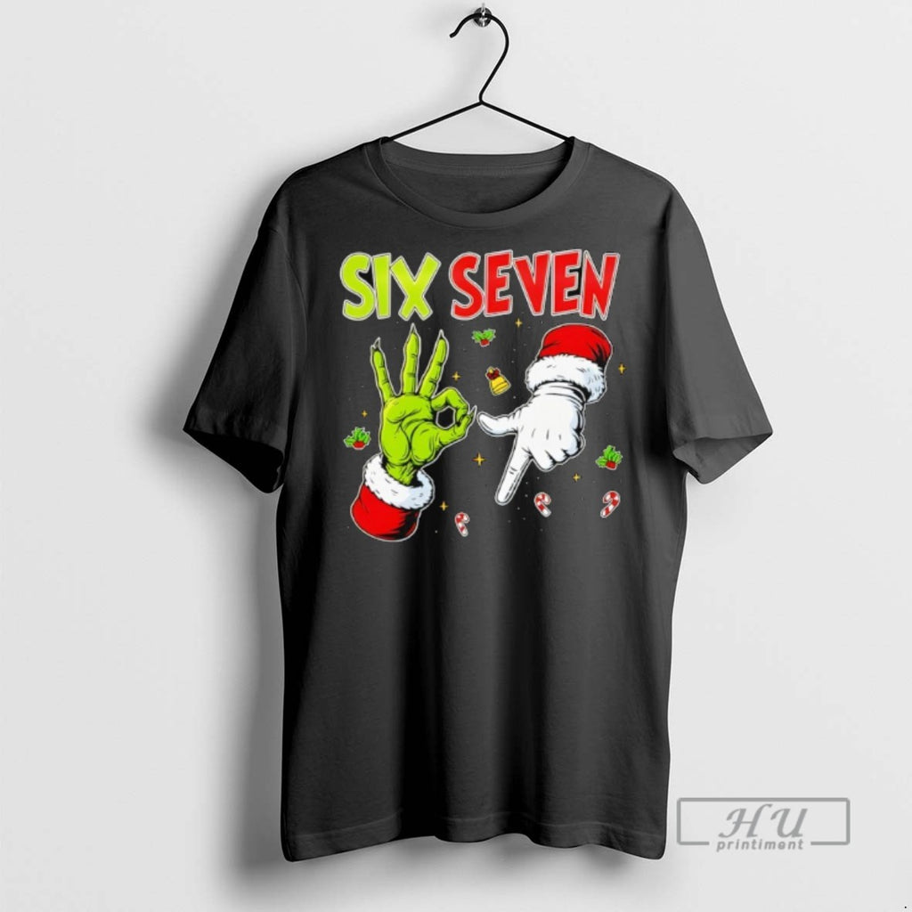 Trending The Grinch And Santa Hands Six Seven Christmas Graphic Tee Shirt Sweatshirt Hoodies