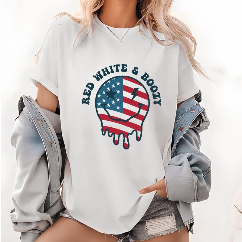 Trendy Patriotic T - Shirt with a Fun Twist, Displaying "RED WHITE & BOOZY" and a Melting Flag - Smile