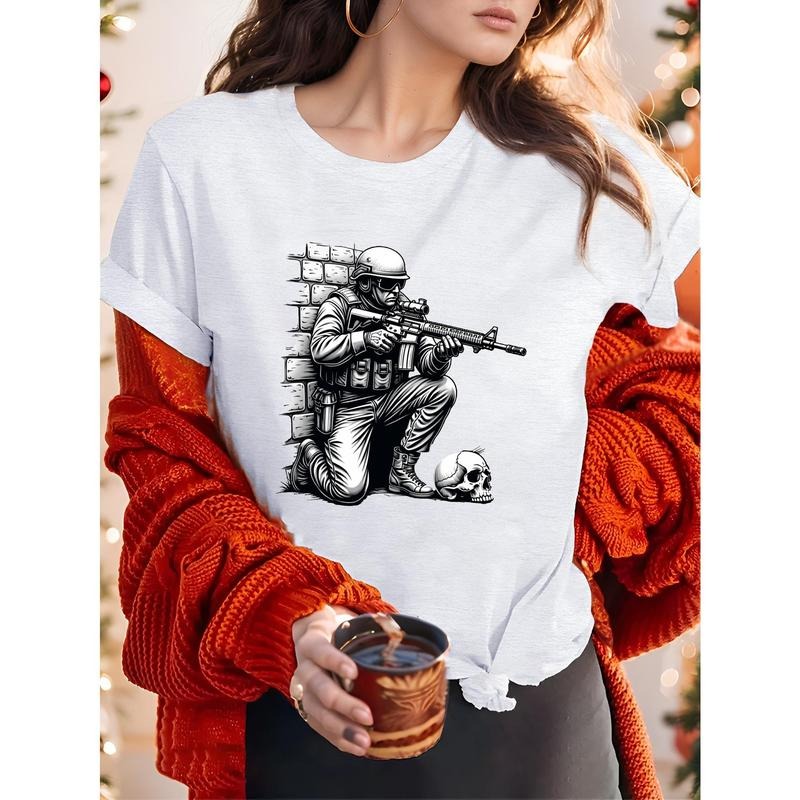 Trendy T - Shirt Displaying a Detailed Soldier Kneeling with a Weapon, Next to a Skull, for an Edgy Look style 02 Hoodie...