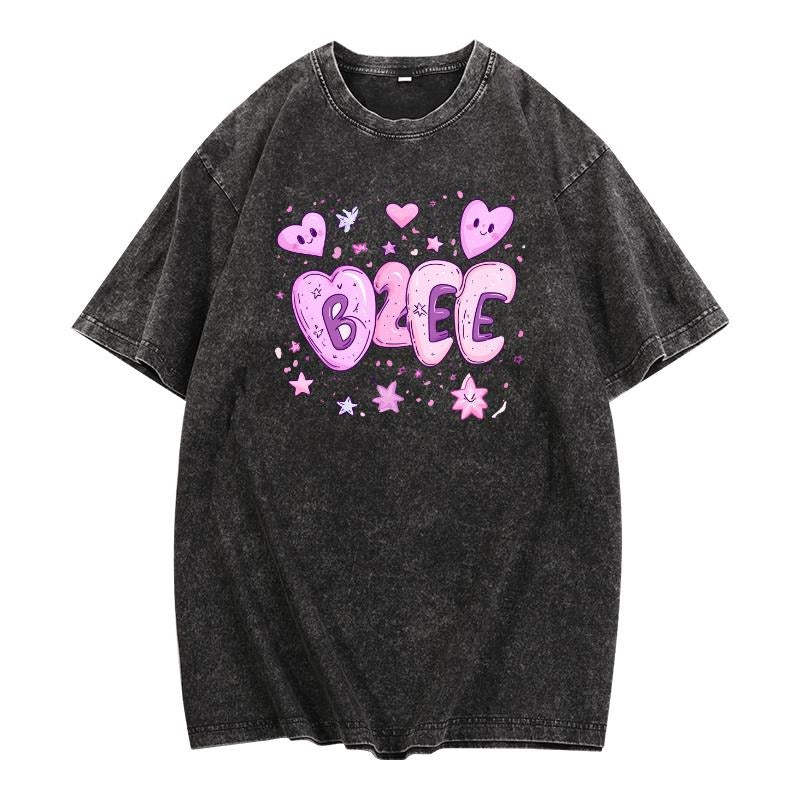 Trendy Washed T - Shirt: Adorable "B2EE" Design with Heart and Star Motifs style 02 Hoodie Sweatshirt | PrintMintTees.com