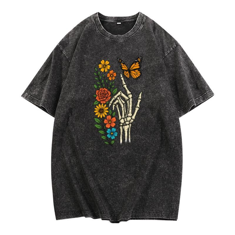 Trendy Washed T - Shirt: Edgy Skeleton Hand Motif with a Touch of Nature style 02 Hoodie Sweatshirt | PrintMintTees.com