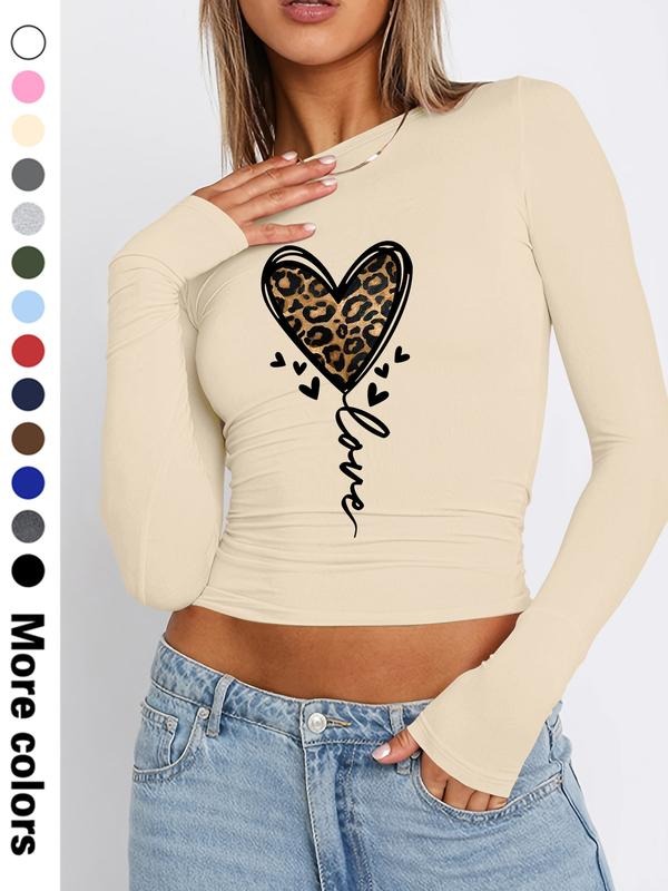 Trendy Women's Cropped Heart Leopard Print Long Sleeve T-Shirt, Available in 13 Colors, Spring & Fall Fashion Tops Hoodie...