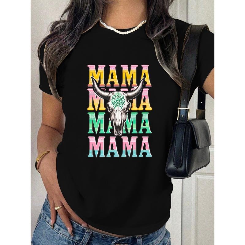 "Trendy Women's T - Shirt for Fashion - forward Moms, Showcasing a Colorful, Eye - catching 'MAMA' Graphic with a Western - inspired Skull for a Fun and Individualistic Vibe"
