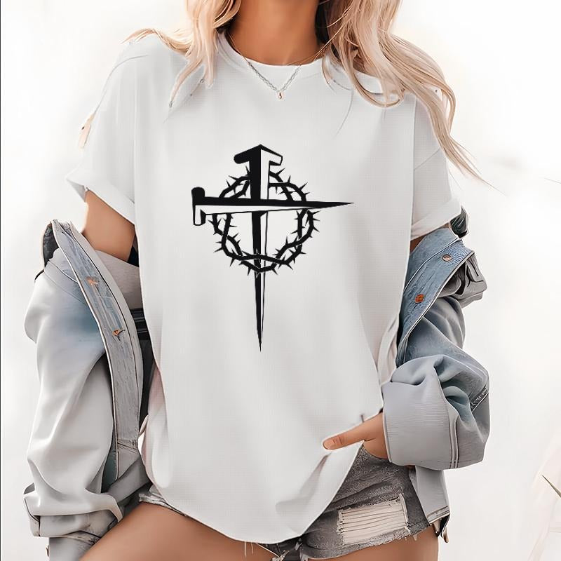 Trendy Women's T - Shirt with Intricate Cross and Crown of Thorns Graphic style 02 Hoodie Sweatshirt | PrintMintTees.com