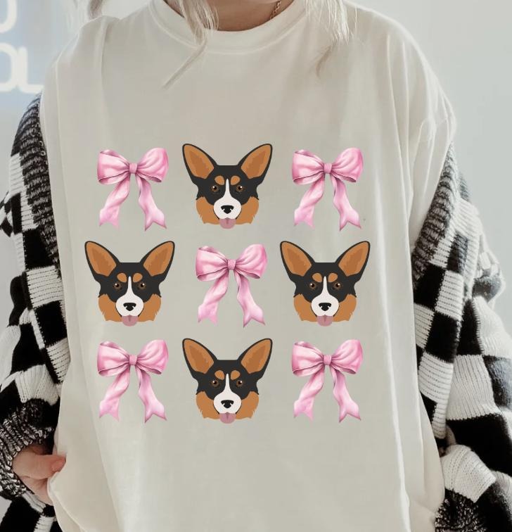 Tri Color Corgi with bows Shirt ~ Unisex Apparel Relaxed Fit Printed In The USA Clothing Womenswear Casual Comfort Cotton...