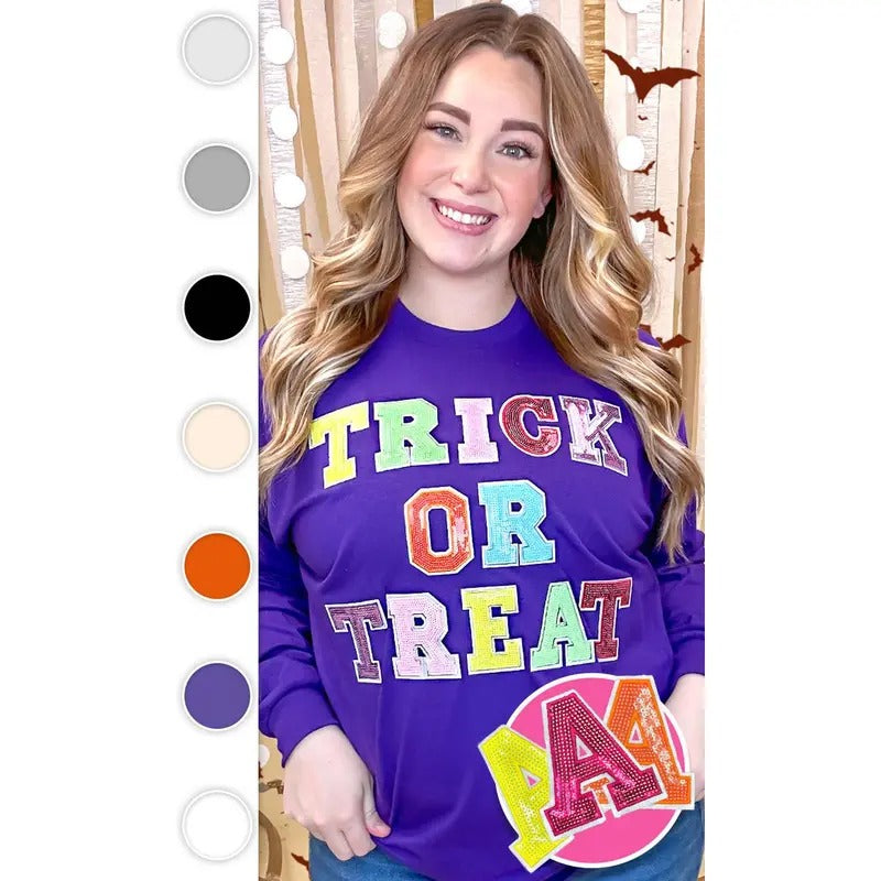 Trick or Treat Sequin Graphic Long Sleeve T-Shirt Hoodie Sweatshirt | PrintMintTees.com