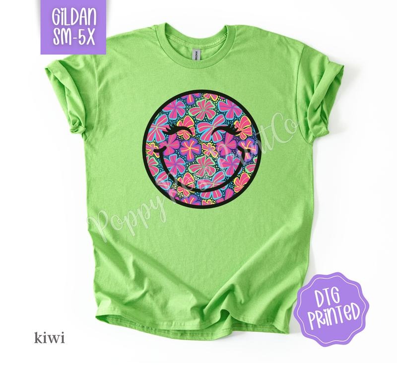 Tropical Floral Happy Face Shirt Gildan, Summer Tee, Oversized Women's Tshirt, Swimsuit Cover Hoodie Sweatshirt