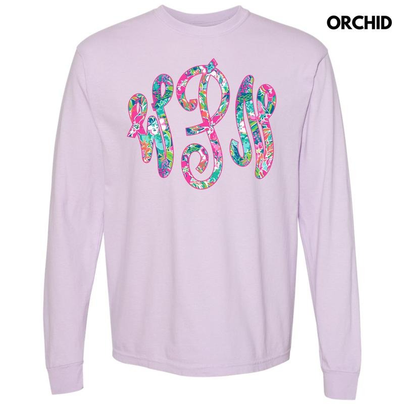 Tropical Monogram Long Sleeve Comfort Colors T-Shirt 'NLB' Hoodie, Sweatshirt | PrintMintTees.com