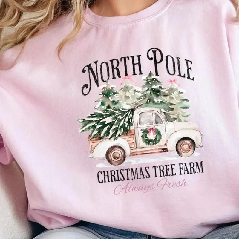 Truck North Pole Tree Farm Unisex NuBlend Crew Sweatshirt Christmas 2024 Shirt Hoodie | PrintMintTees.com